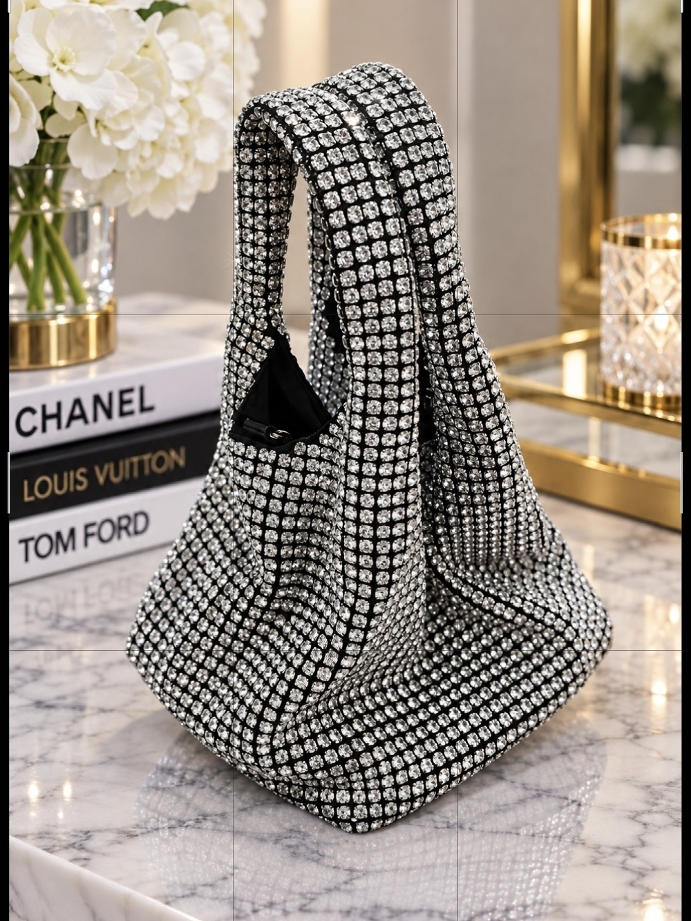 Crystal Mesh Silver Evening Hobo Bag